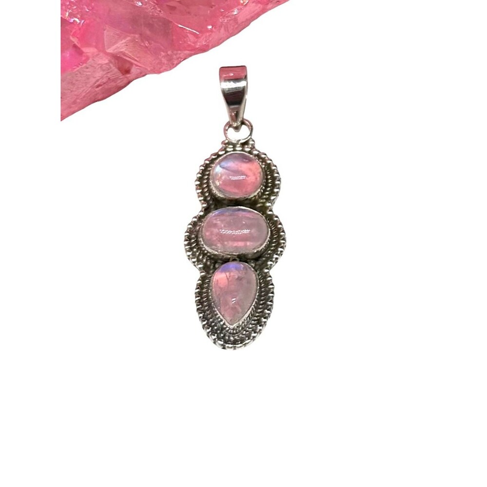 Pink Flash Rainbow Moonstone Necklace Pendant Solid 925 Sterling Silver